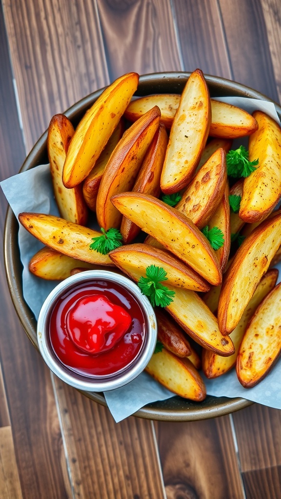 Crispy potato wedges served with ketchup on a wooden table.